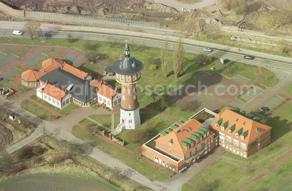 Aerial photograph Schwedt / Oder - Rekonstruierter Wasserturm mit Hotelkomplex in Schwedt - Süd. 11.03.02