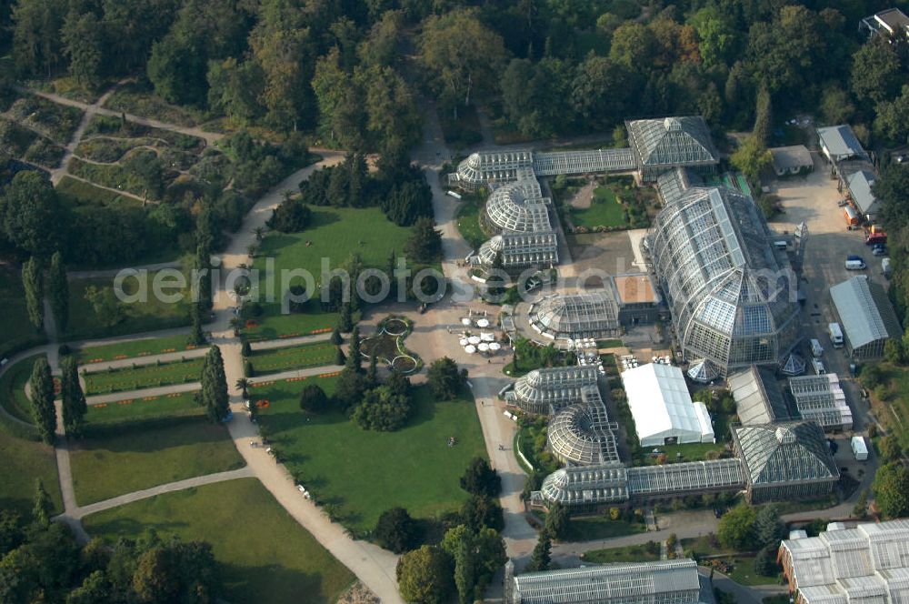 Berlin from above - Blick auf das Große Gewächshaus des Botanischen Gartens, am Tage der Wiedereröffnung nach umfassender Sanierung und Rekonstruktion. Mit einem Volumen von 40 000 Kubikmetern und einer Grundfläche von 1750 Quadratmetern gilt das Haus noch immer als eines der größten freitragenden Gewächshäuser der Welt. Die Grundsanierung des Großen Tropenhauses wurde aus dem Umweltentlastungsprogramm (UEP) gefördert, das von der Europäischen Union über den Fonds für Regionale Entwicklung (EFRE) und vom Land Berlin (Senatsverwaltung für Gesundheit, Umwelt und Verbraucherschutz) kofinanziert wird. Weitere Mittel stammen aus der Hochschulbauförderung (HBFG) des Bundes und der Länder, von der Stiftung Deutsche Klassenlotterie Berlin sowie von der Freien Universität Berlin.