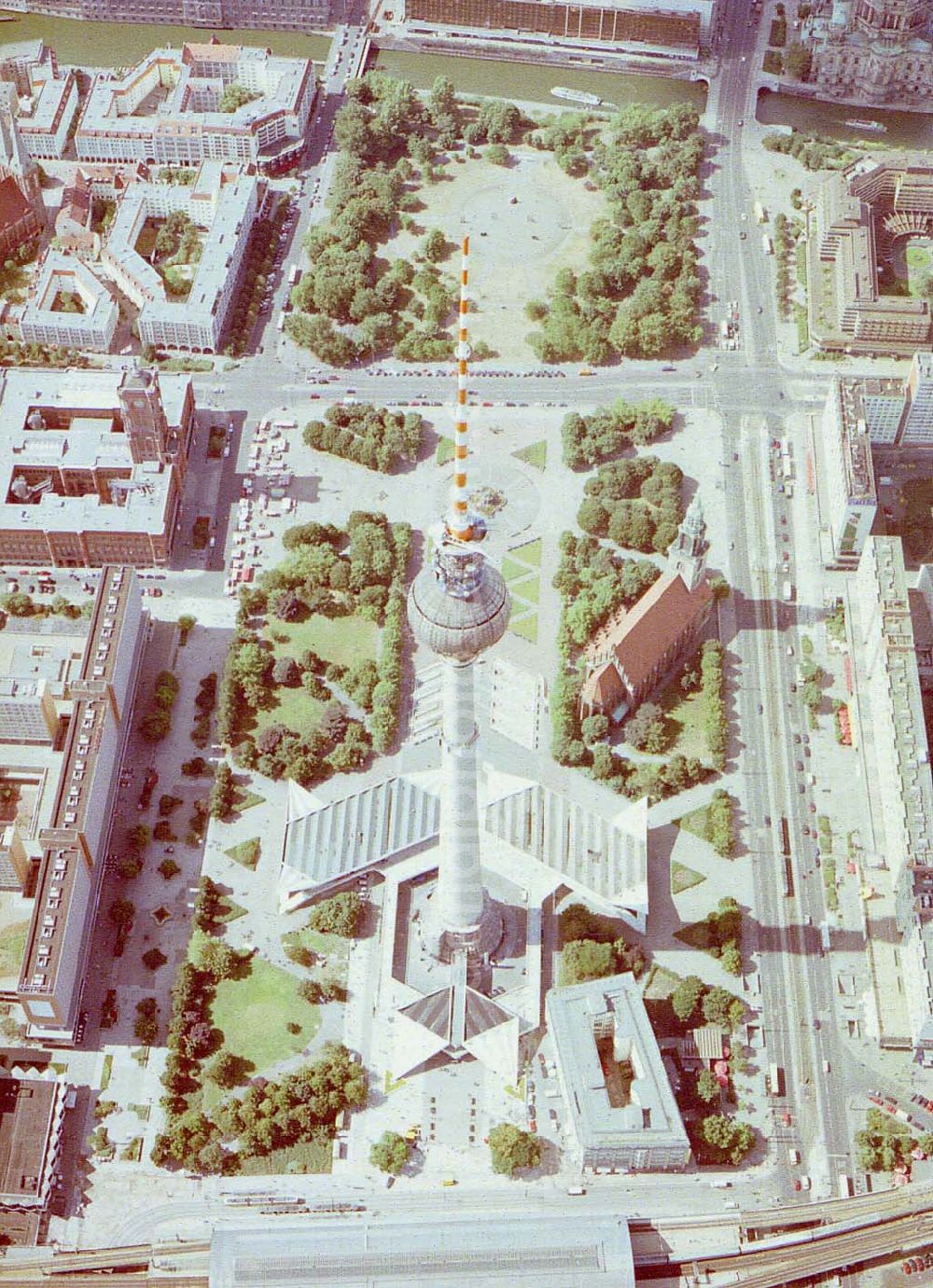 Aerial image Berlin - Rekonstruktion der Schaftwände des Fernsehturmes am Berliner Alexanderplatz.