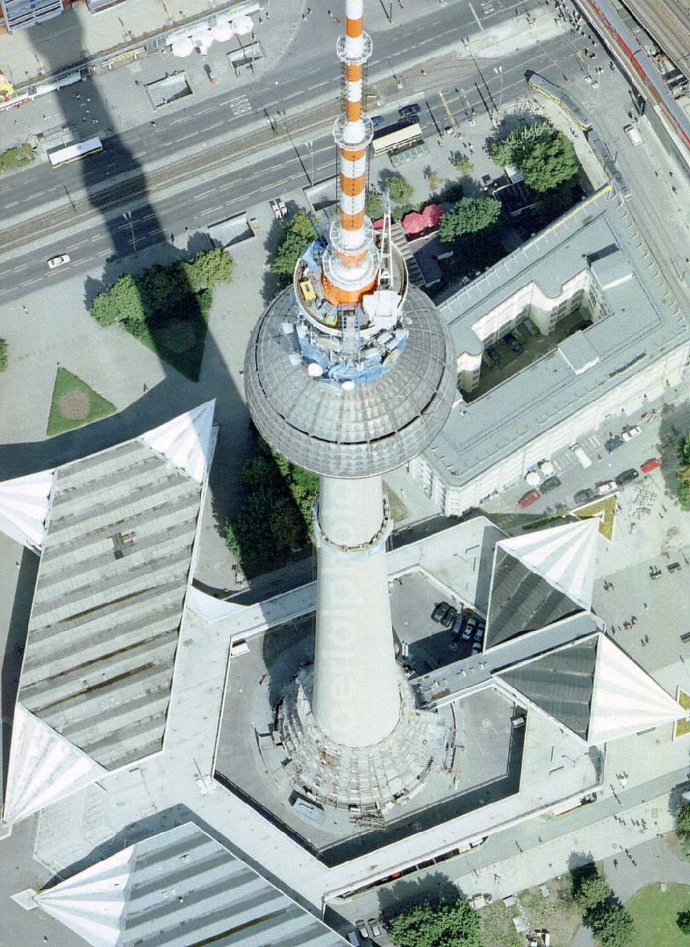 Aerial image Berlin - Rekonstruktion der Schaftwände des Fernsehturmes am Berliner Alexanderplatz.