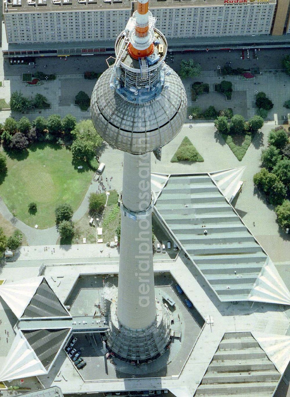 Aerial image Berlin - Rekonstruktion der Schaftwände des Fernsehturmes am Berliner Alexanderplatz.