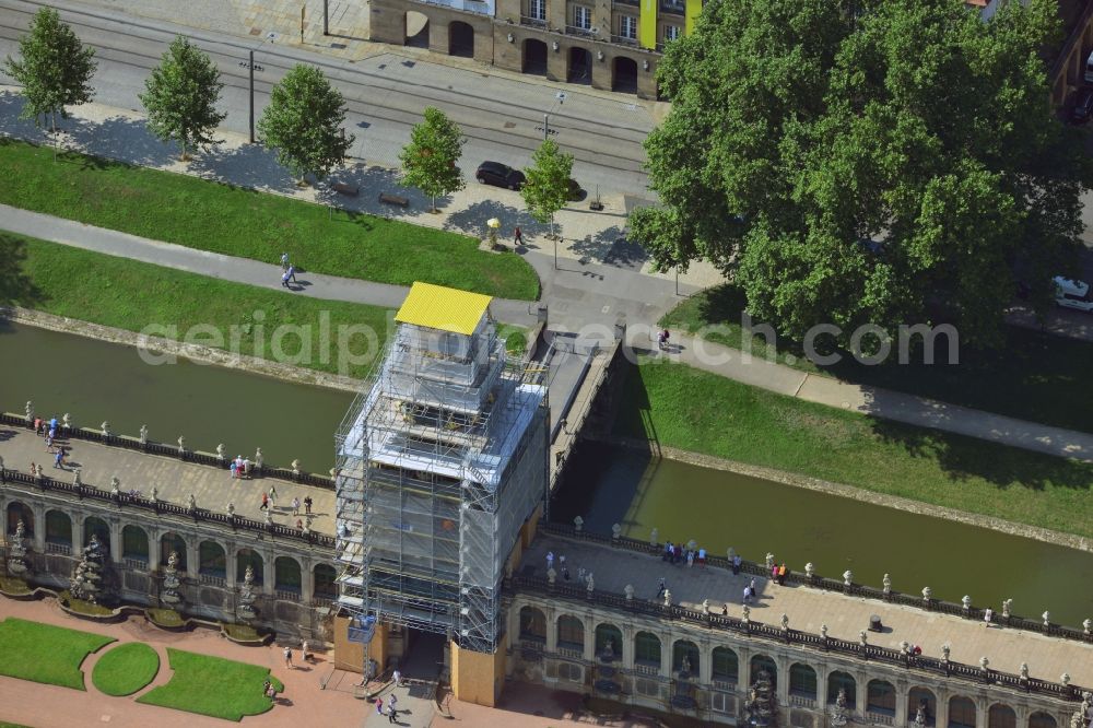 Dresden from above - Reconstruction work on the courtyard of the Zwinger Palace, the landmark of Dresden in Saxony