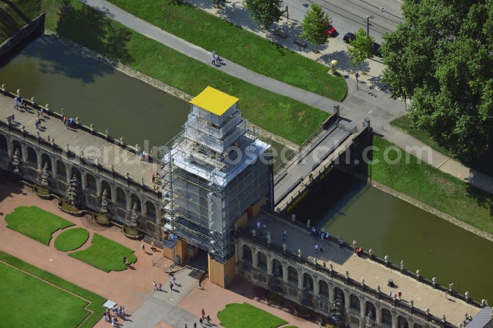 Dresden from the bird's eye view: Reconstruction work on the courtyard of the Zwinger Palace, the landmark of Dresden in Saxony