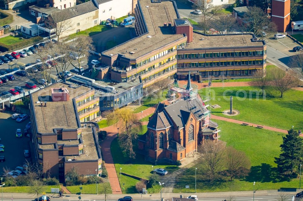 Aerial photograph Bottrop - Reconstruction work on the church building in the small chapel at the tax office in Bottrop in North Rhine-Westphalia