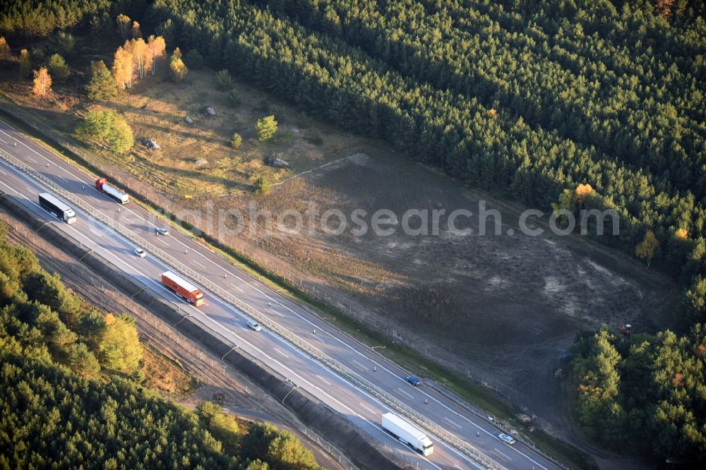 Heidesee from above - Renatured surface of highway parking the BAB A12 E30 in Heidesee in Brandenburg