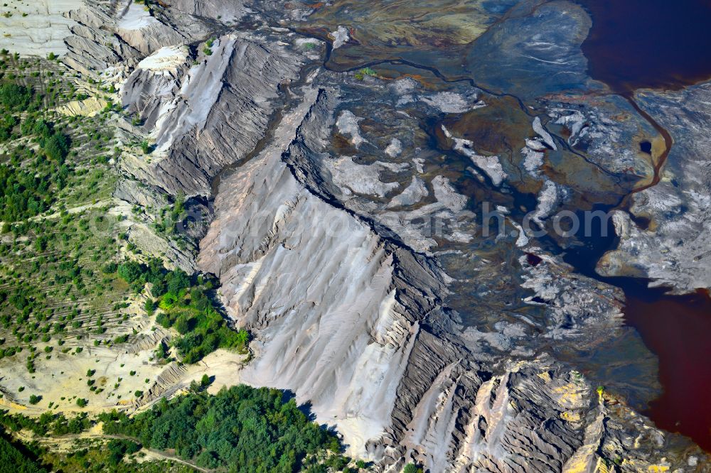 Schipkau from above - Rehabilitation and renaturation work on the layers of a mining waste dump in Schipkau in the state Brandenburg, Germany