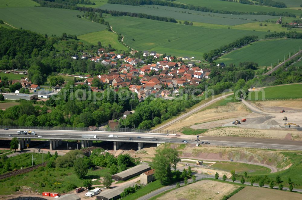 Wutha-Farnroda from above - Dismantling and renaturation of the old lanes of the motorway route and the route of the BAB A4 over the Hoerselberge on the L3007 road in Wutha-Farnroda in the Thuringian Forest in the state of Thuringia, Germany