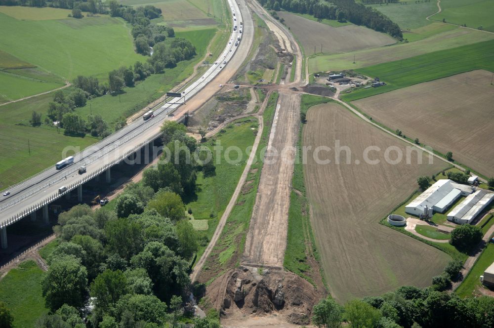 Wutha-Farnroda from above - Dismantling and renaturation of the old lanes of the motorway route and the route of the BAB A4 over the Hoerselberge on the L3007 road in Wutha-Farnroda in the Thuringian Forest in the state of Thuringia, Germany