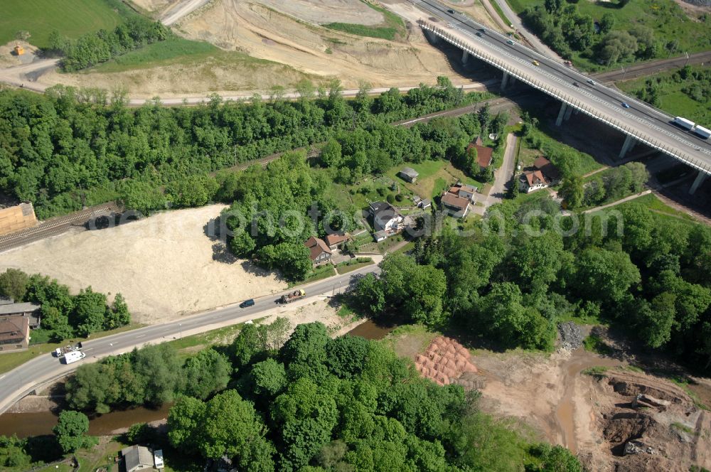 Wutha-Farnroda from above - Dismantling and renaturation of the old lanes of the motorway route and the route of the BAB A4 over the Hoerselberge on the L3007 road in Wutha-Farnroda in the Thuringian Forest in the state of Thuringia, Germany