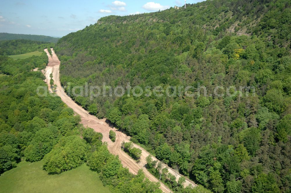 Wutha-Farnroda from above - Dismantling and renaturation of the old lanes of the motorway route and the route of the BAB A4 over the Hoerselberge on the L3007 road in Wutha-Farnroda in the Thuringian Forest in the state of Thuringia, Germany