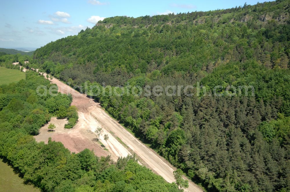 Aerial photograph Wutha-Farnroda - Dismantling and renaturation of the old lanes of the motorway route and the route of the BAB A4 over the Hoerselberge on the L3007 road in Wutha-Farnroda in the Thuringian Forest in the state of Thuringia, Germany