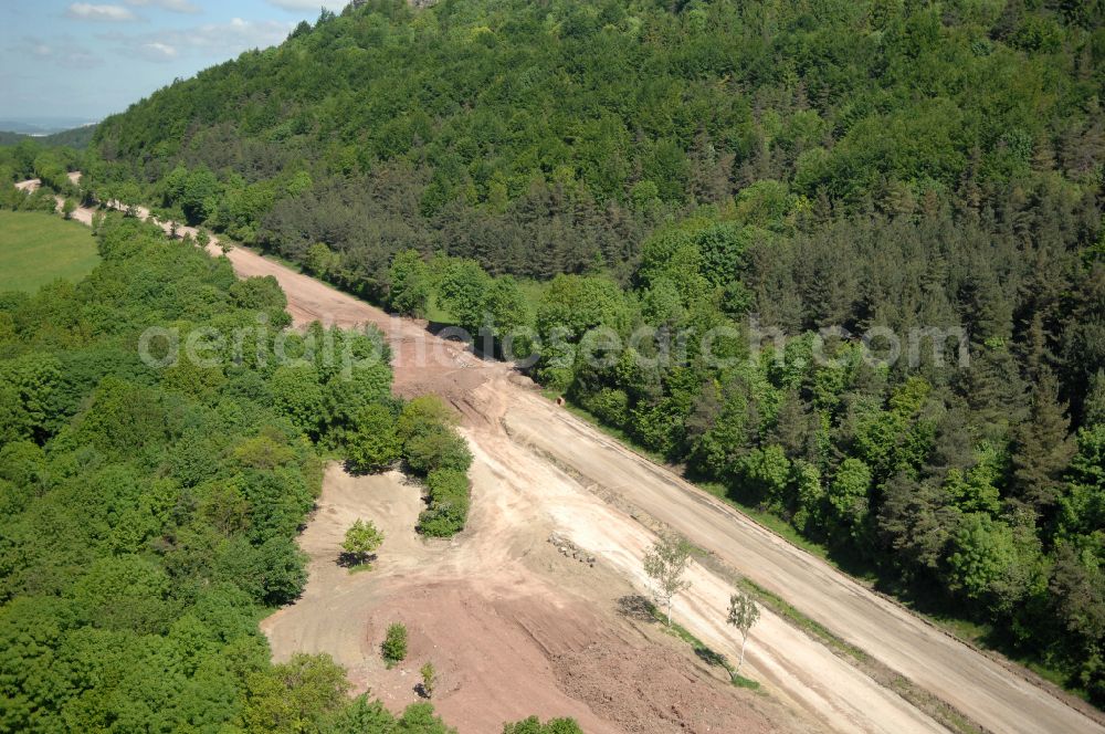 Wutha-Farnroda from above - Dismantling and renaturation of the old lanes of the motorway route and the route of the BAB A4 over the Hoerselberge on the L3007 road in Wutha-Farnroda in the Thuringian Forest in the state of Thuringia, Germany