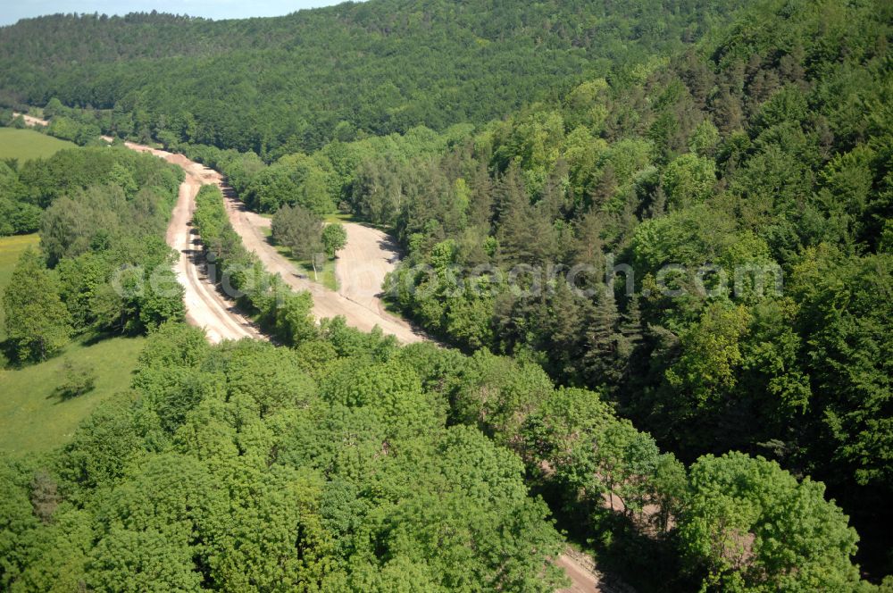 Wutha-Farnroda from above - Dismantling and renaturation of the old lanes of the motorway route and the route of the BAB A4 over the Hoerselberge on the L3007 road in Wutha-Farnroda in the Thuringian Forest in the state of Thuringia, Germany