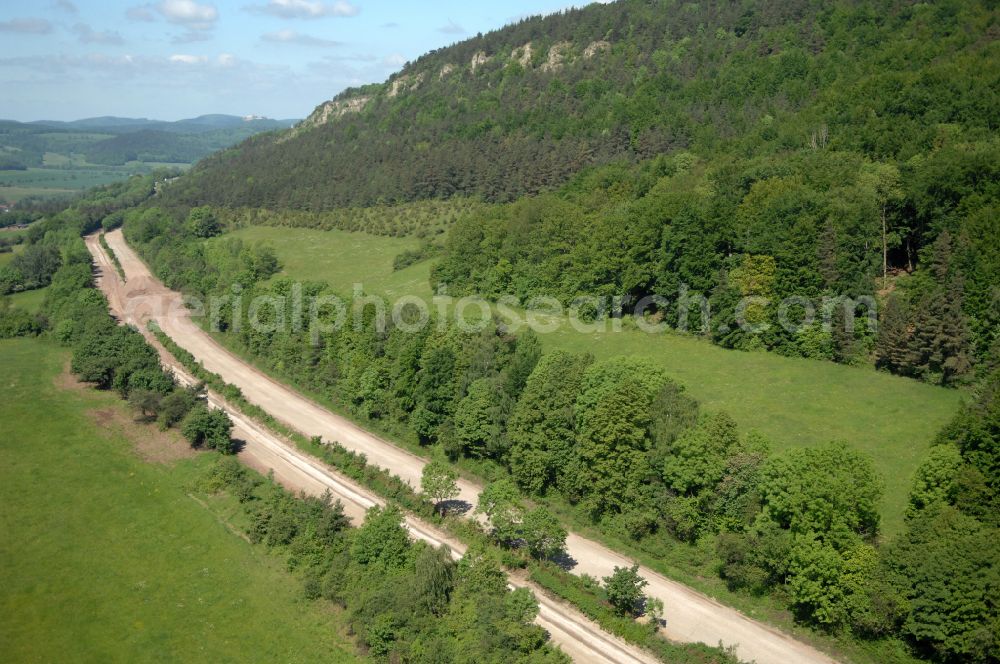 Aerial photograph Wutha-Farnroda - Dismantling and renaturation of the old lanes of the motorway route and the route of the BAB A4 over the Hoerselberge on the L3007 road in Wutha-Farnroda in the Thuringian Forest in the state of Thuringia, Germany