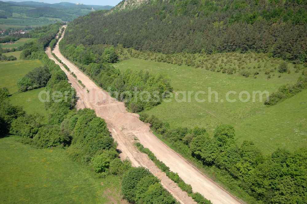 Wutha-Farnroda from above - Dismantling and renaturation of the old lanes of the motorway route and the route of the BAB A4 over the Hoerselberge on the L3007 road in Wutha-Farnroda in the Thuringian Forest in the state of Thuringia, Germany