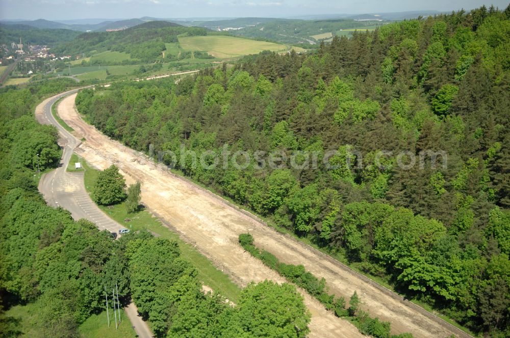 Aerial image Wutha-Farnroda - Dismantling and renaturation of the old lanes of the motorway route and the route of the BAB A4 over the Hoerselberge on the L3007 road in Wutha-Farnroda in the Thuringian Forest in the state of Thuringia, Germany