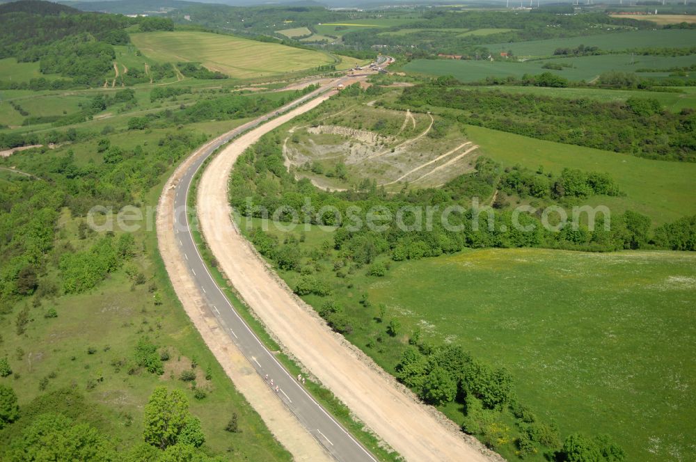 Wutha-Farnroda from above - Dismantling and renaturation of the old lanes of the motorway route and the route of the BAB A4 over the Hoerselberge on the L3007 road in Wutha-Farnroda in the Thuringian Forest in the state of Thuringia, Germany