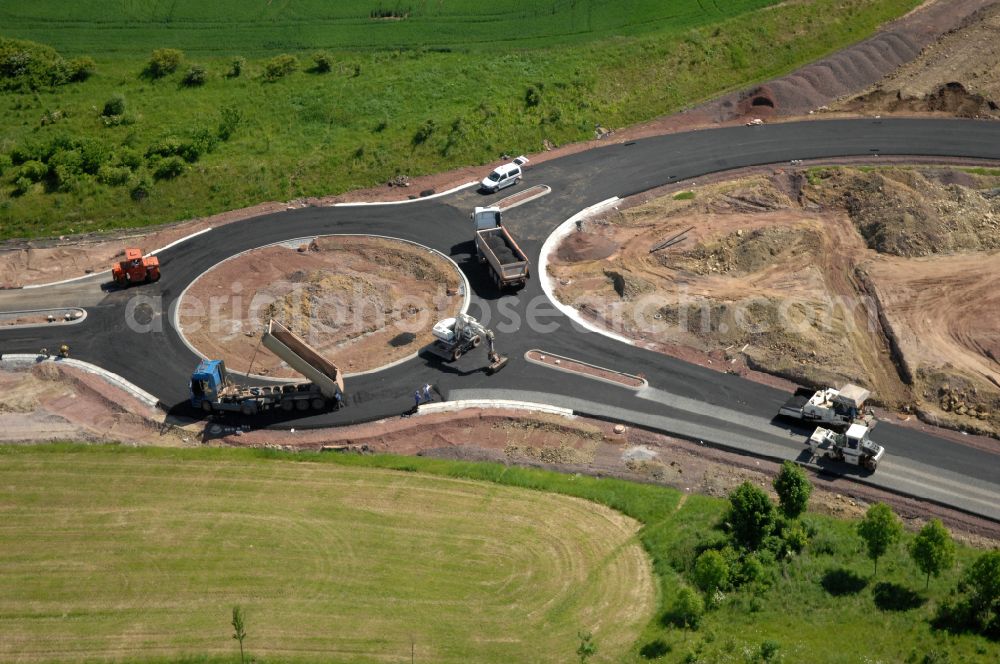 Wutha-Farnroda from above - Dismantling and renaturation of the old lanes of the motorway route and the route of the BAB A4 over the Hoerselberge on the L3007 road in Wutha-Farnroda in the Thuringian Forest in the state of Thuringia, Germany