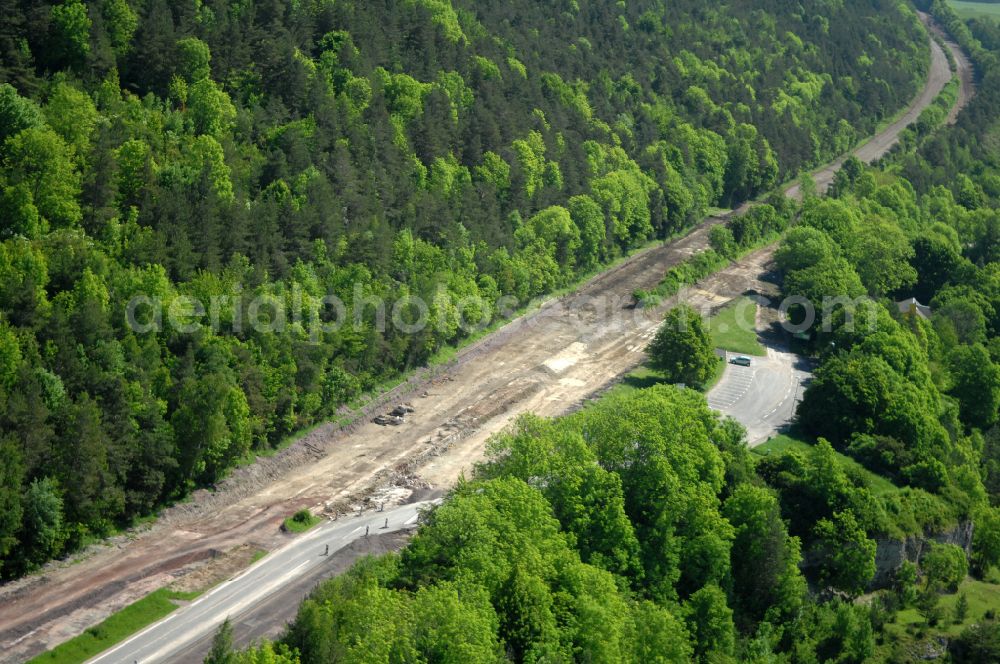 Wutha-Farnroda from above - Dismantling and renaturation of the old lanes of the motorway route and the route of the BAB A4 over the Hoerselberge on the L3007 road in Wutha-Farnroda in the Thuringian Forest in the state of Thuringia, Germany