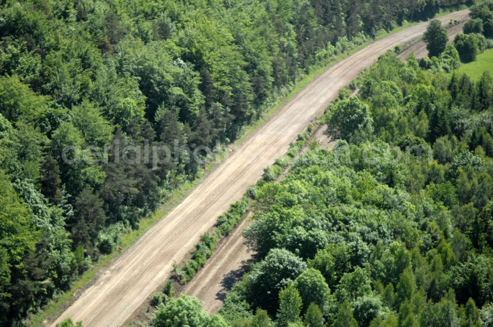 Wutha-Farnroda from above - Dismantling and renaturation of the old lanes of the motorway route and the route of the BAB A4 over the Hoerselberge on the L3007 road in Wutha-Farnroda in the Thuringian Forest in the state of Thuringia, Germany