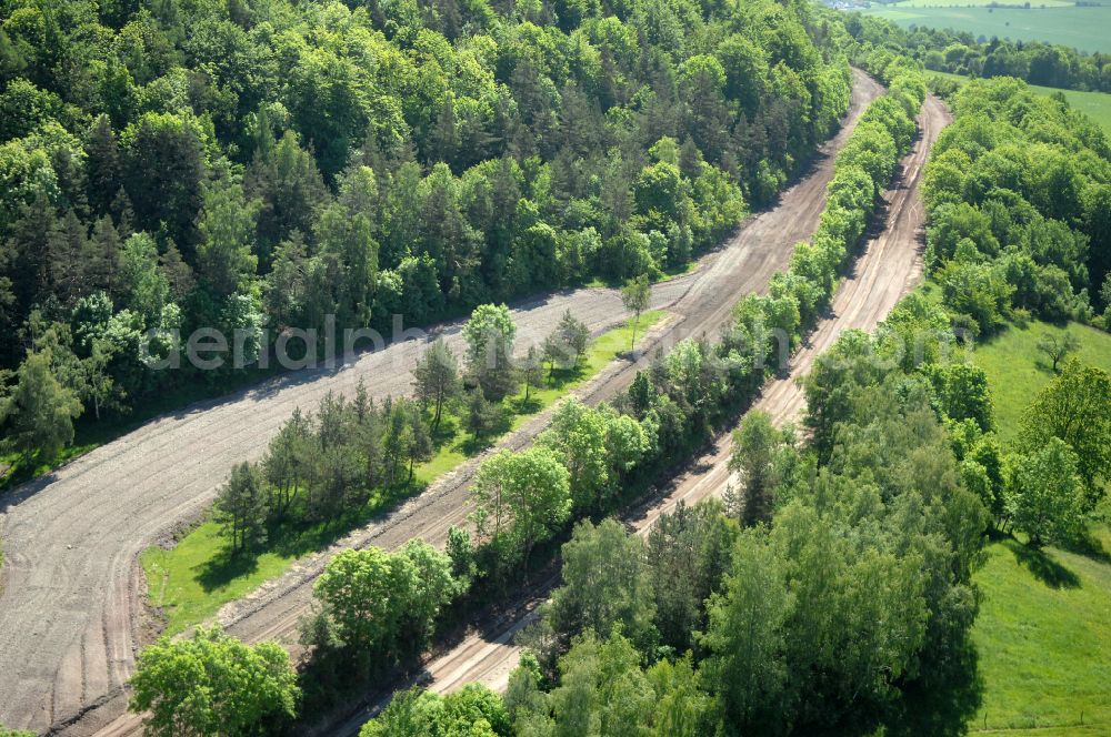 Aerial photograph Wutha-Farnroda - Dismantling and renaturation of the old lanes of the motorway route and the route of the BAB A4 over the Hoerselberge on the L3007 road in Wutha-Farnroda in the Thuringian Forest in the state of Thuringia, Germany