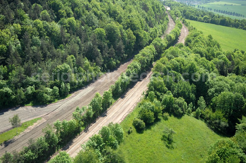 Wutha-Farnroda from above - Dismantling and renaturation of the old lanes of the motorway route and the route of the BAB A4 over the Hoerselberge on the L3007 road in Wutha-Farnroda in the Thuringian Forest in the state of Thuringia, Germany