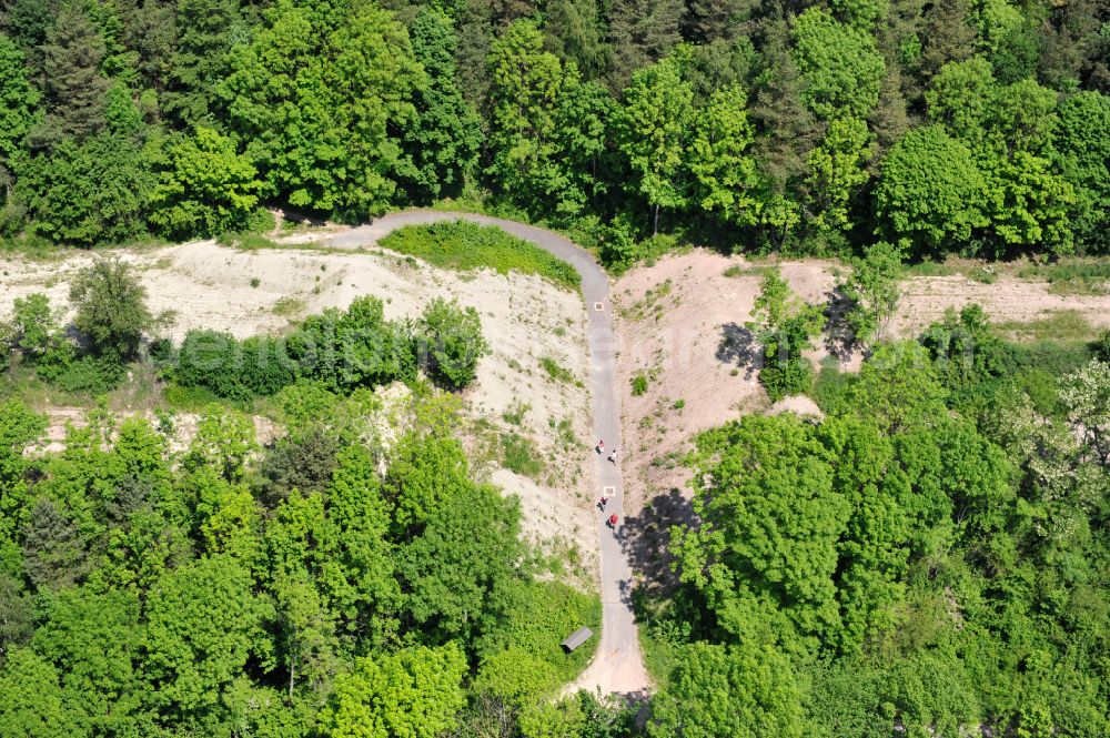 Wutha-Farnroda from above - Dismantling and renaturation of the old lanes of the motorway route and the route of the BAB A4 over the Hoerselberge on the L3007 road in Wutha-Farnroda in the Thuringian Forest in the state of Thuringia, Germany