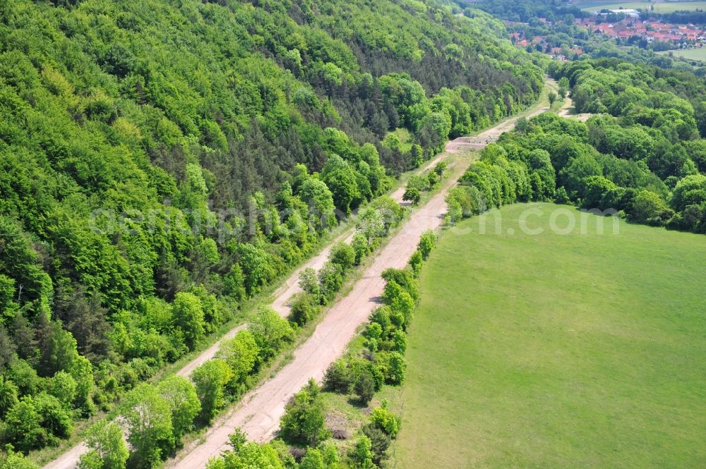 Wutha-Farnroda from above - Dismantling and renaturation of the old lanes of the motorway route and the route of the BAB A4 over the Hoerselberge on the L3007 road in Wutha-Farnroda in the Thuringian Forest in the state of Thuringia, Germany