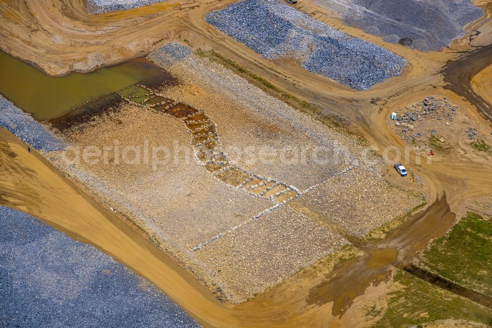 Eppinghoven from above - Renaturation measures on the shore areas of the river Emscher on Muendung in den Rhein in Eppinghoven at Ruhrgebiet in the state North Rhine-Westphalia, Germany