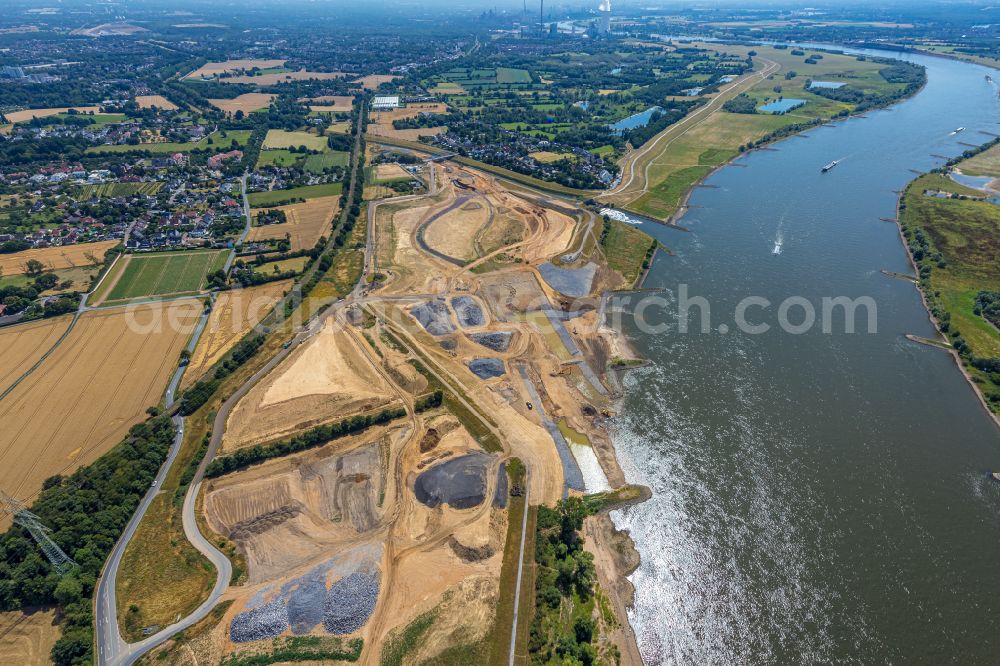 Eppinghoven from above - Renaturation measures on the shore areas of the river Emscher on Muendung in den Rhein in Eppinghoven at Ruhrgebiet in the state North Rhine-Westphalia, Germany