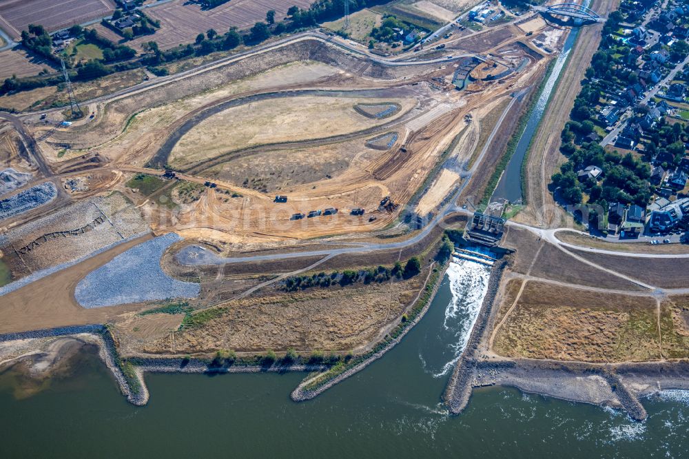 Eppinghoven from above - Renaturation measures on the shore areas of the river Emscher on Muendung in den Rhein on street Rheinaue in Eppinghoven at Ruhrgebiet in the state North Rhine-Westphalia, Germany