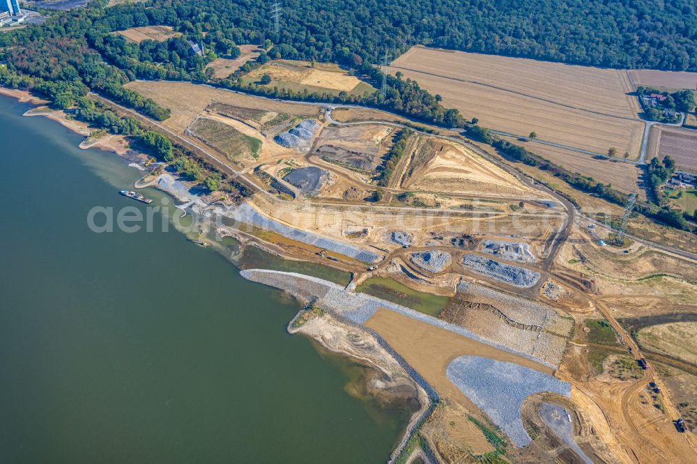 Aerial image Eppinghoven - Renaturation measures on the shore areas of the river Emscher on Muendung in den Rhein on street Rheinaue in Eppinghoven at Ruhrgebiet in the state North Rhine-Westphalia, Germany