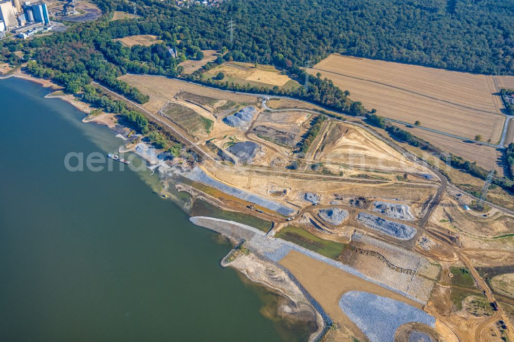 Aerial photograph Eppinghoven - Renaturation measures on the shore areas of the river Emscher on Muendung in den Rhein on street Rheinaue in Eppinghoven at Ruhrgebiet in the state North Rhine-Westphalia, Germany