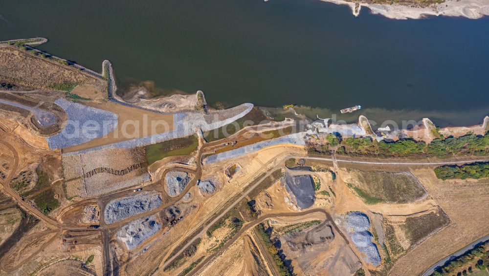 Aerial image Eppinghoven - Renaturation measures on the shore areas of the river Emscher on Muendung in den Rhein on street Rheinaue in Eppinghoven at Ruhrgebiet in the state North Rhine-Westphalia, Germany