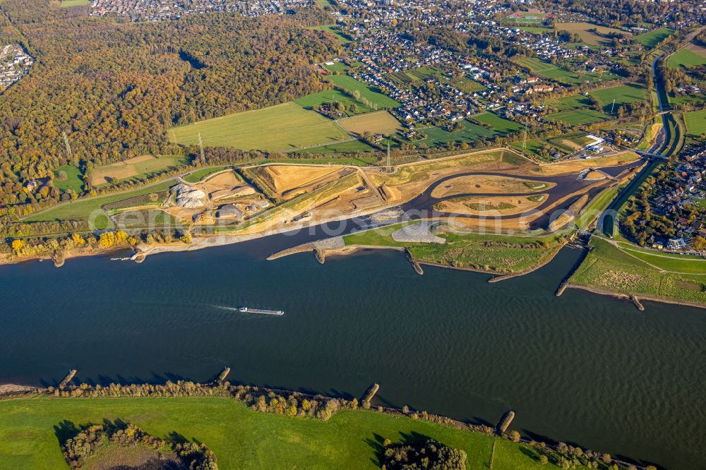 Eppinghoven from the bird's eye view: Renaturation measures on the shore areas of the river Emscher on Muendung in den Rhein on street Rheinaue in Eppinghoven at Ruhrgebiet in the state North Rhine-Westphalia, Germany