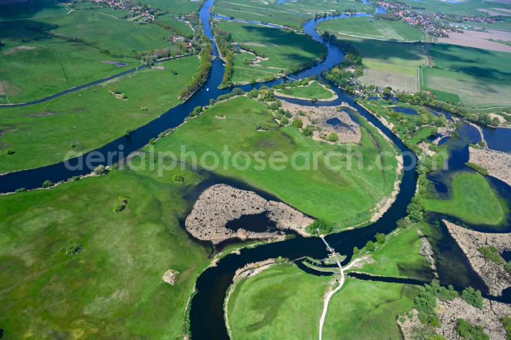 Havelaue from above - Renaturation measures with flooding and excavations on the shore areas of the river Guelper Havel in the district Guelpe in Havelaue in the state Brandenburg, Germany