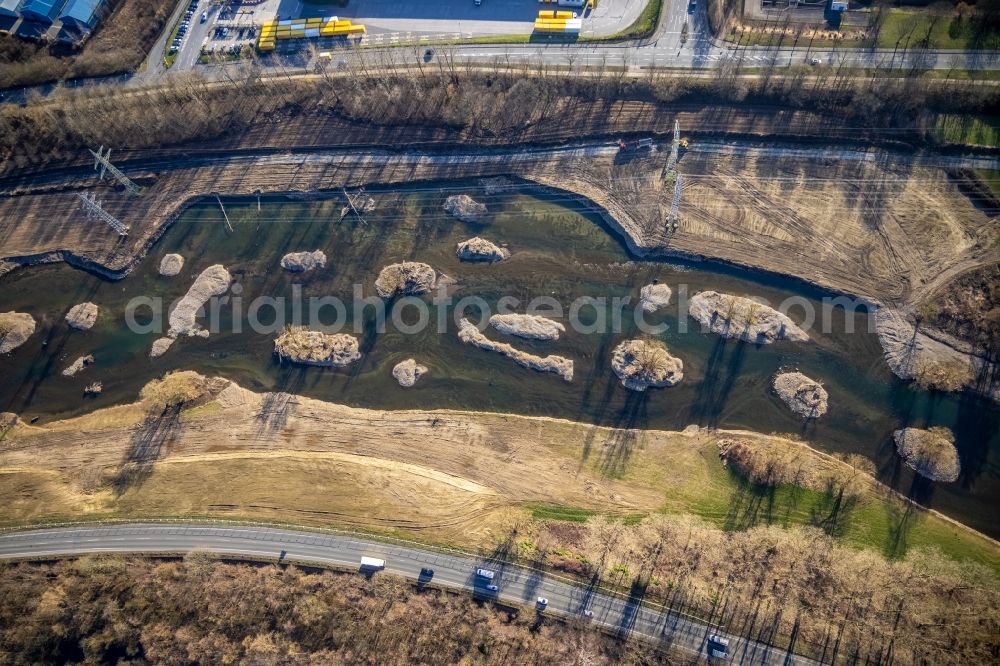 Hagen from the bird's eye view: Renaturation measures with flooding and excavations on the shore areas of the river Lenne in Hagen at Ruhrgebiet in the state North Rhine-Westphalia, Germany