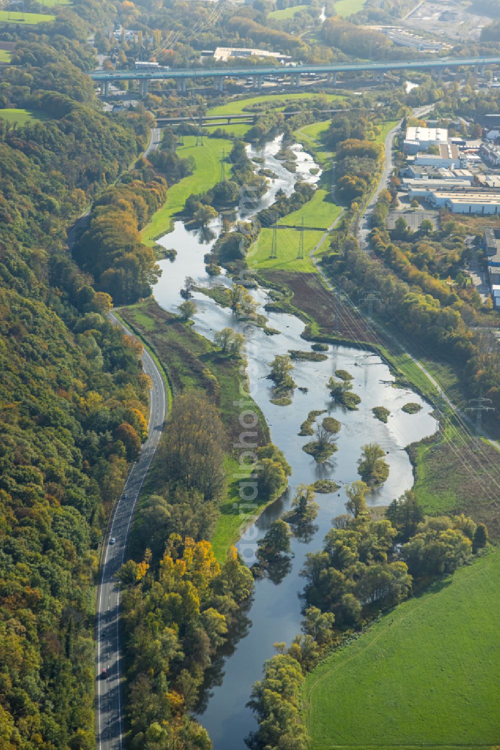 Aerial image Hagen - Renaturation measures with flooding and excavations on the shore areas of the river Lenne in Hagen at Ruhrgebiet in the state North Rhine-Westphalia, Germany