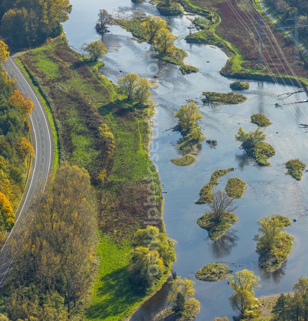 Aerial photograph Hagen - Renaturation measures with flooding and excavations on the shore areas of the river Lenne in Hagen at Ruhrgebiet in the state North Rhine-Westphalia, Germany