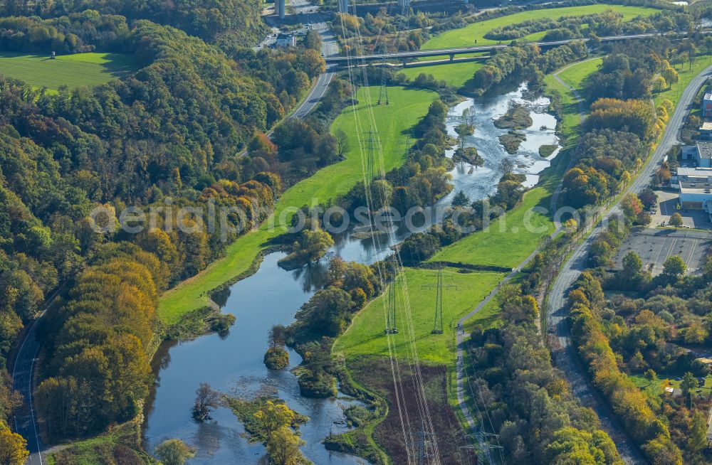 Hagen from the bird's eye view: Renaturation measures with flooding and excavations on the shore areas of the river Lenne in Hagen at Ruhrgebiet in the state North Rhine-Westphalia, Germany