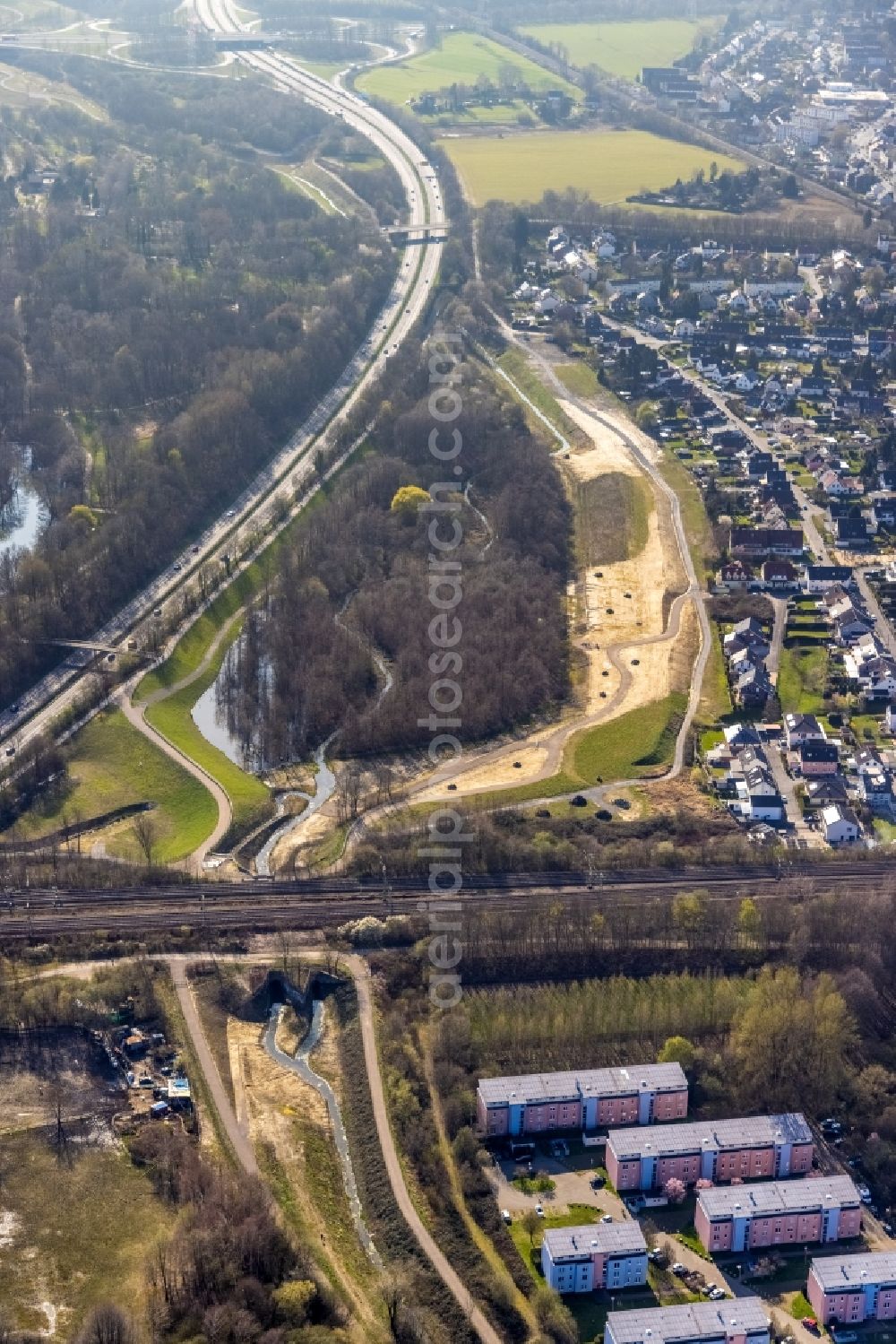 Dortmund from above - Renaturation measures with flooding and excavations on the shore areas of the river Rossbach in the district Huckarde in Dortmund at Ruhrgebiet in the state North Rhine-Westphalia, Germany