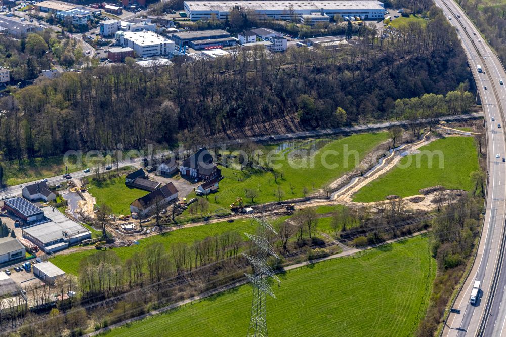 Herbede from above - Renaturation measures on the banks of the Kamperbach in Herbede in the Ruhr area in the state of North Rhine-Westphalia, Germany