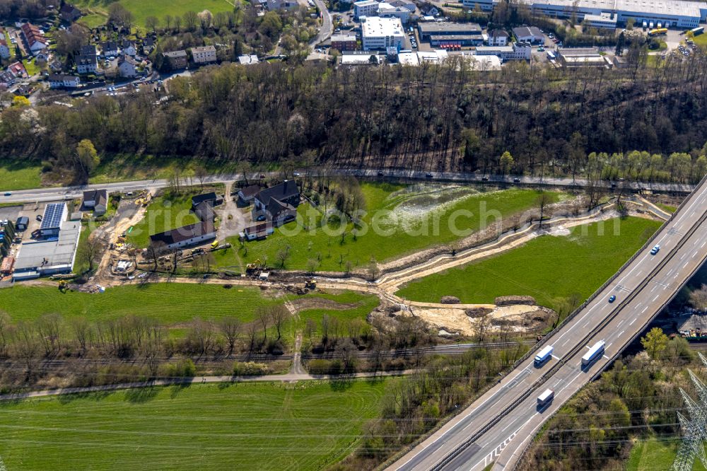 Herbede from the bird's eye view: Renaturation measures on the banks of the Kamperbach in Herbede in the Ruhr area in the state of North Rhine-Westphalia, Germany