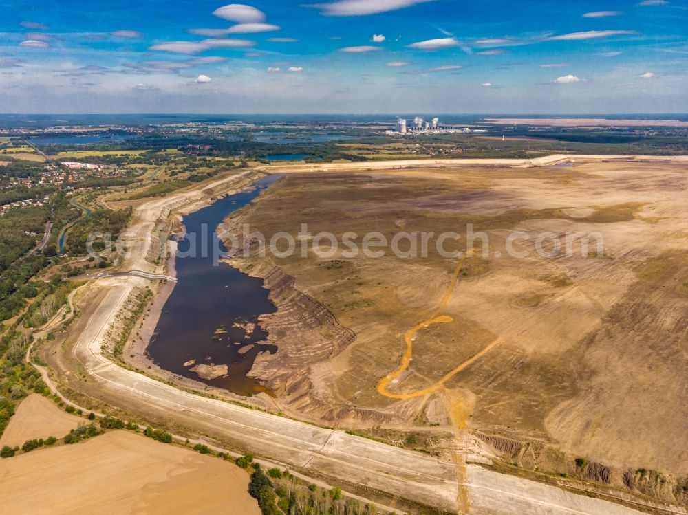 Cottbus from above - Shore areas of flooded former lignite opencast mine and renaturation lake Baltic Sea in the district Merzdorf in Cottbus in the state Brandenburg, Germany