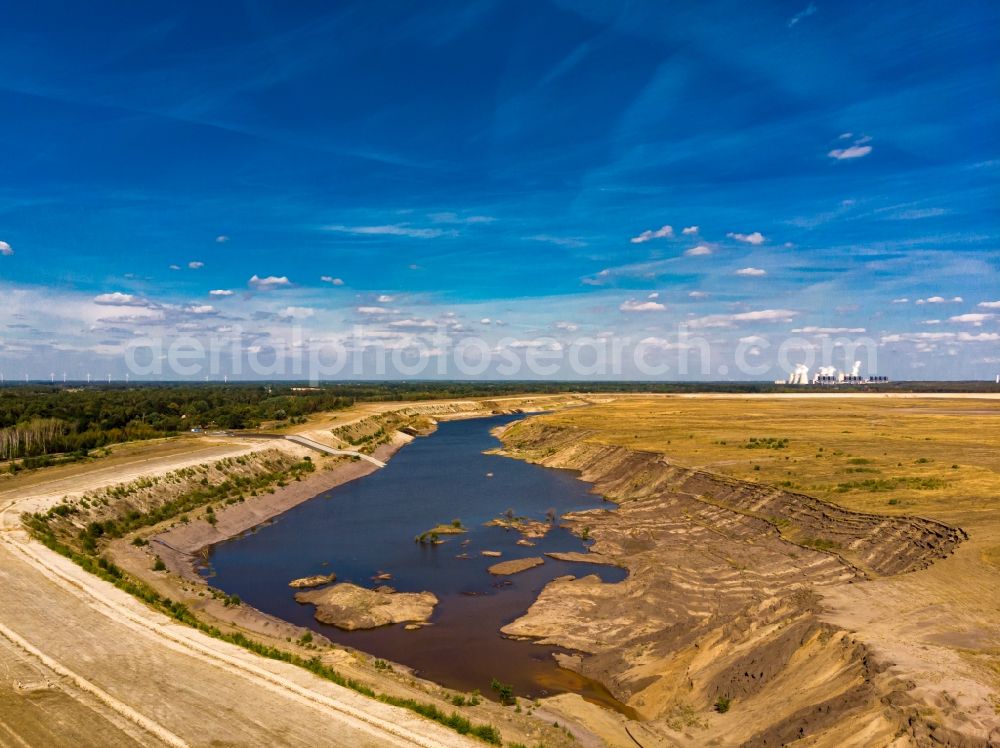 Cottbus from the bird's eye view: Shore areas of flooded former lignite opencast mine and renaturation lake Baltic Sea in the district Merzdorf in Cottbus in the state Brandenburg, Germany