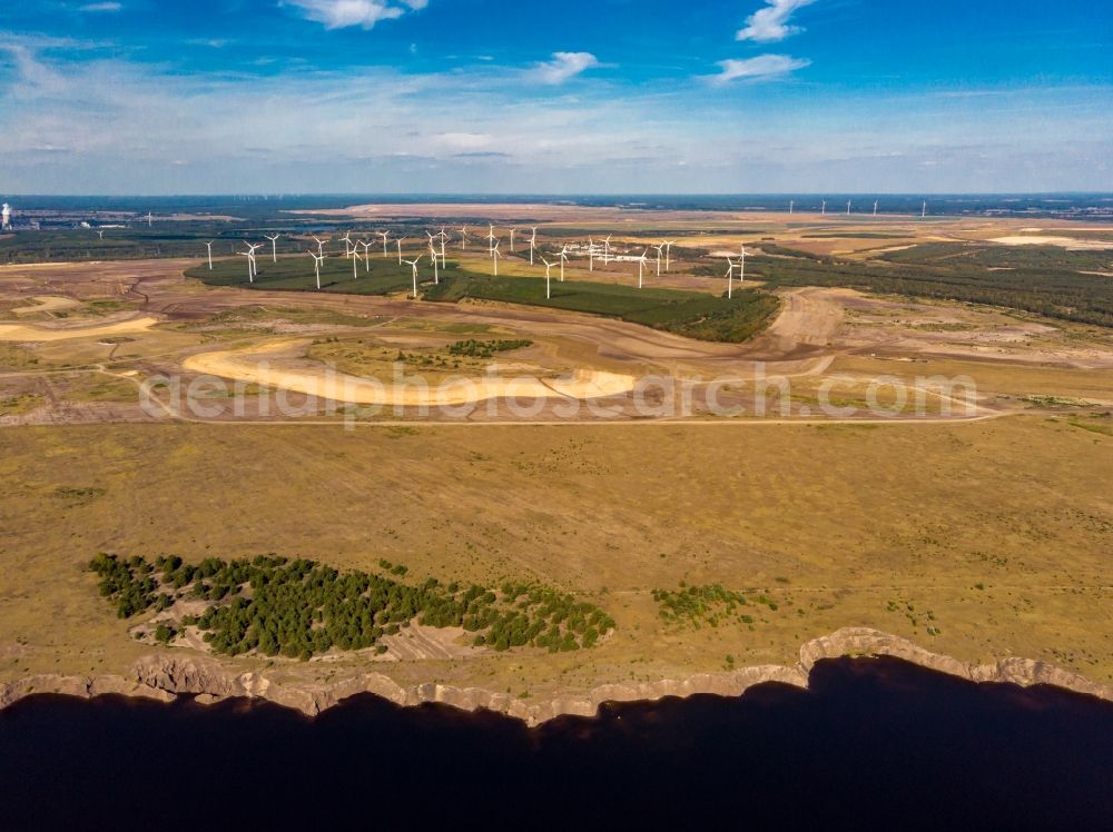 Aerial photograph Cottbus - Shore areas of flooded former lignite opencast mine and renaturation lake Baltic Sea in the district Merzdorf in Cottbus in the state Brandenburg, Germany