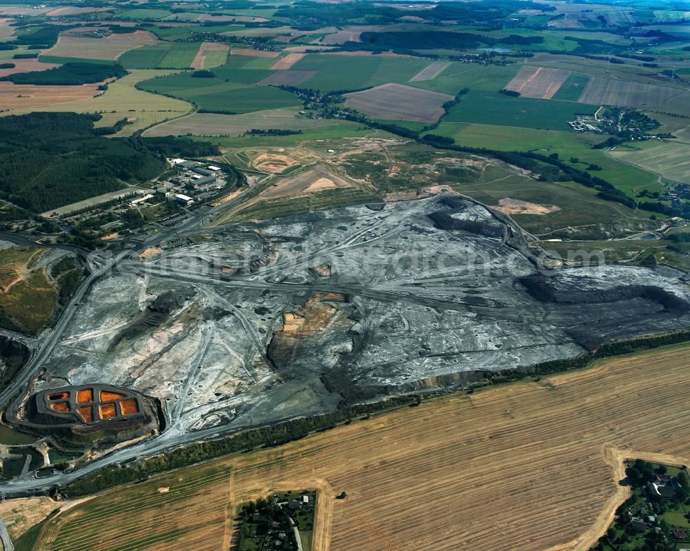 Ronneburg from the bird's eye view: Restoration sites of Wismut GmbH Thüringer the former uranium mine in Lichtenberg in Ronneburg