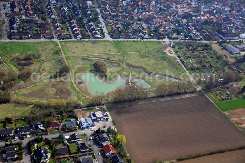 Saulheim from the bird's eye view: Restoration measures with retention basin of the Saulheimer Bach in Saulheim in the state of Rhineland-Palatinate