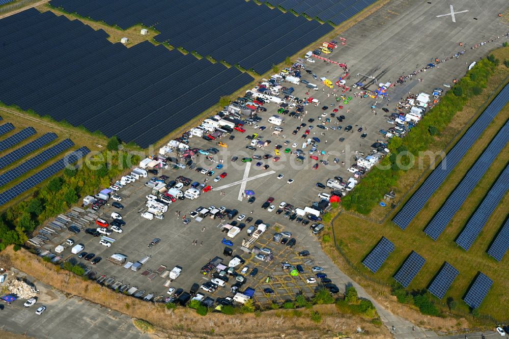 Werneuchen from above - Racing event for a car race on the runway of the airport with a quarter mile race in Werneuchen in the state Brandenburg, Germany