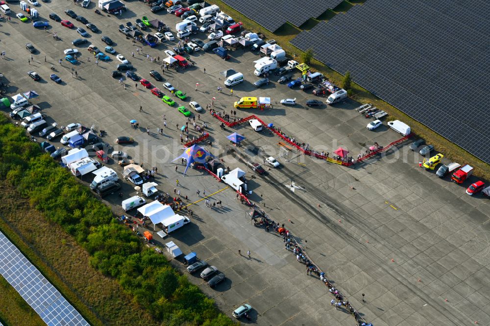 Werneuchen from above - Racing event for a car race on the runway of the airport with a quarter mile race in Werneuchen in the state Brandenburg, Germany